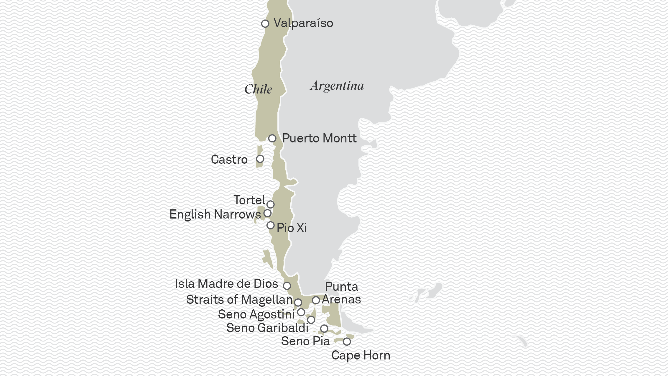 Map of the Chilean coastline that Scenic Eclipse travels to