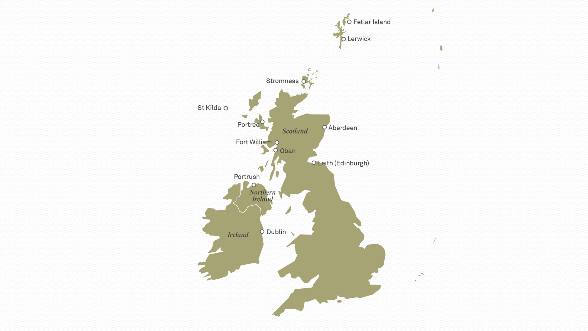 Locations along the Scottish and Irish coastline that Scenic Eclipse stops at. 