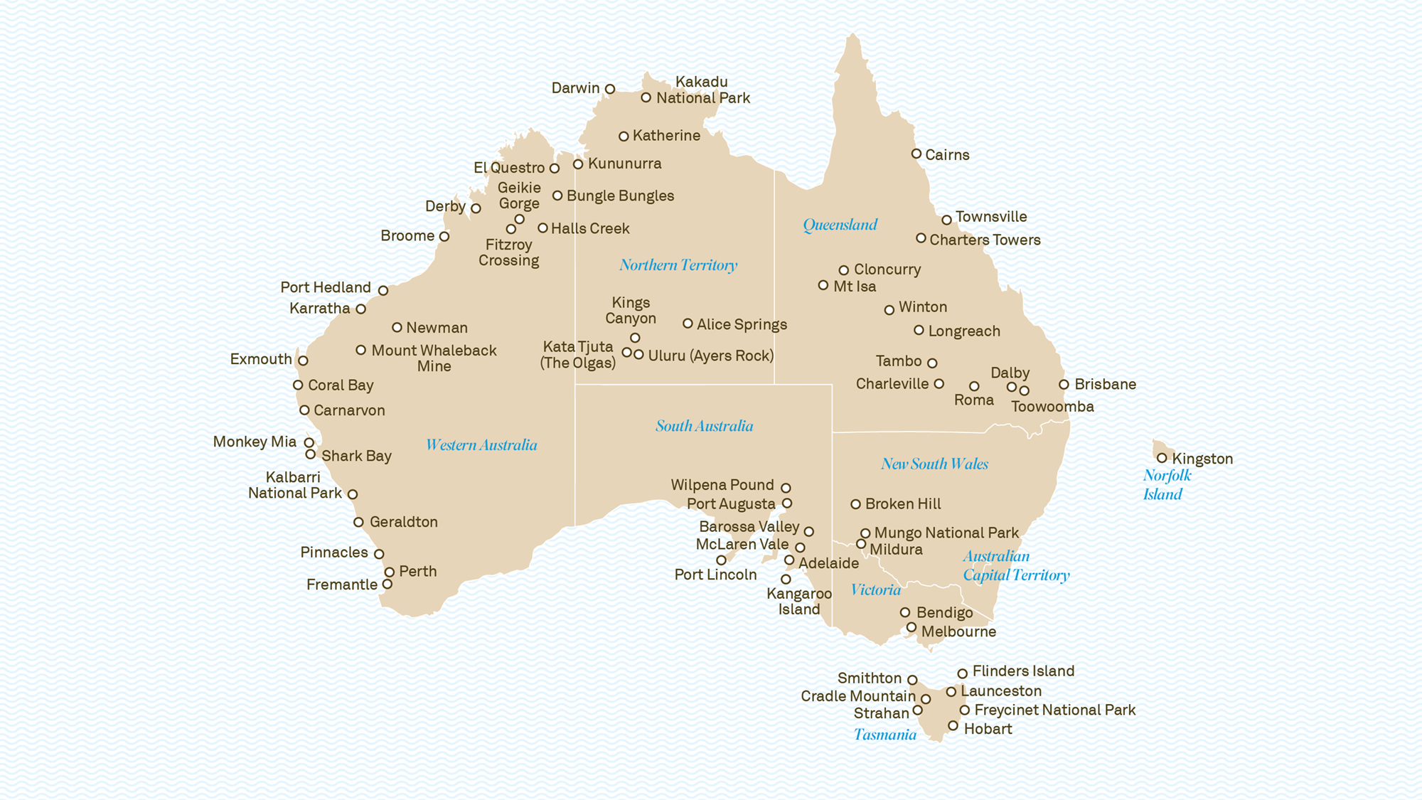Map of where Scenic Land tours go to in Australia