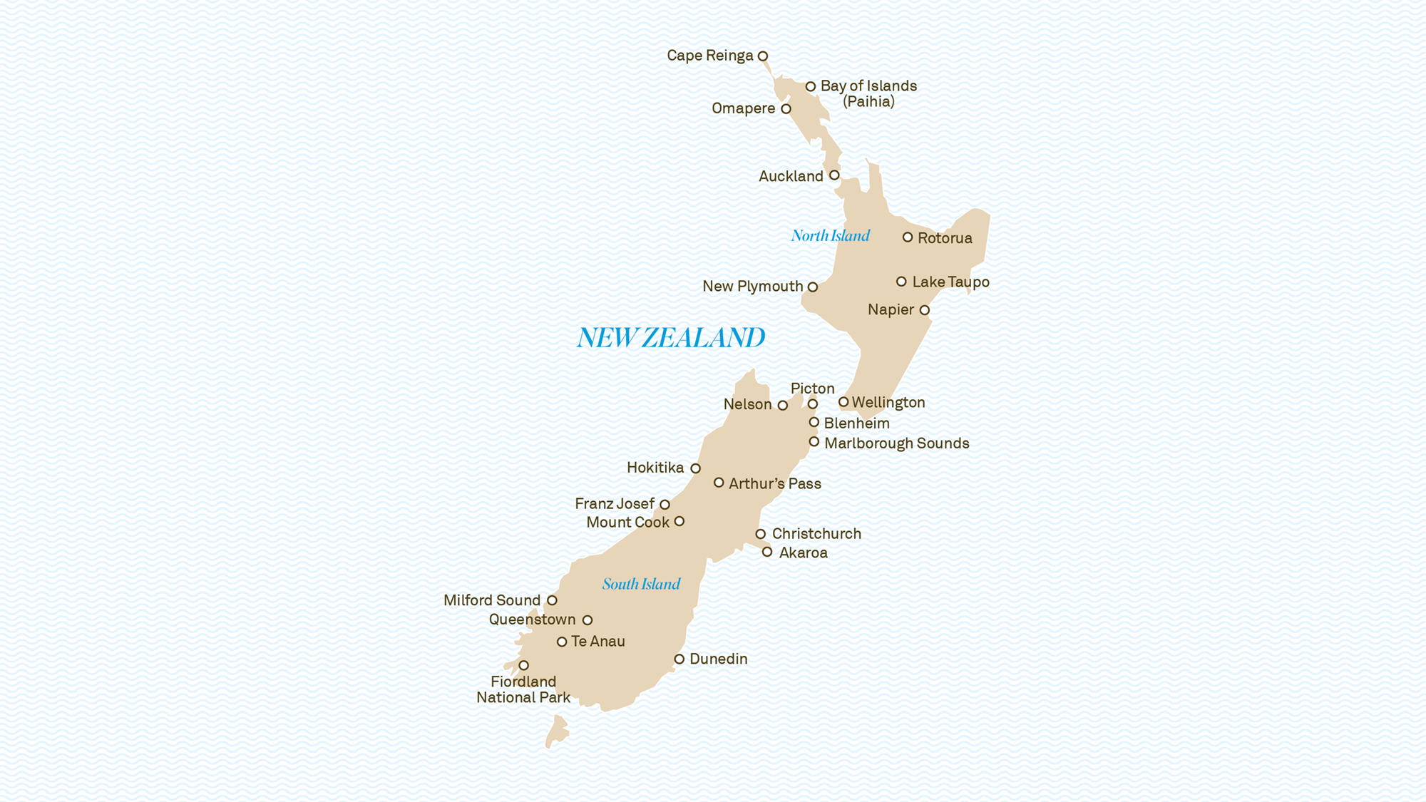 Map of Scenic Land destinations in New Zealand