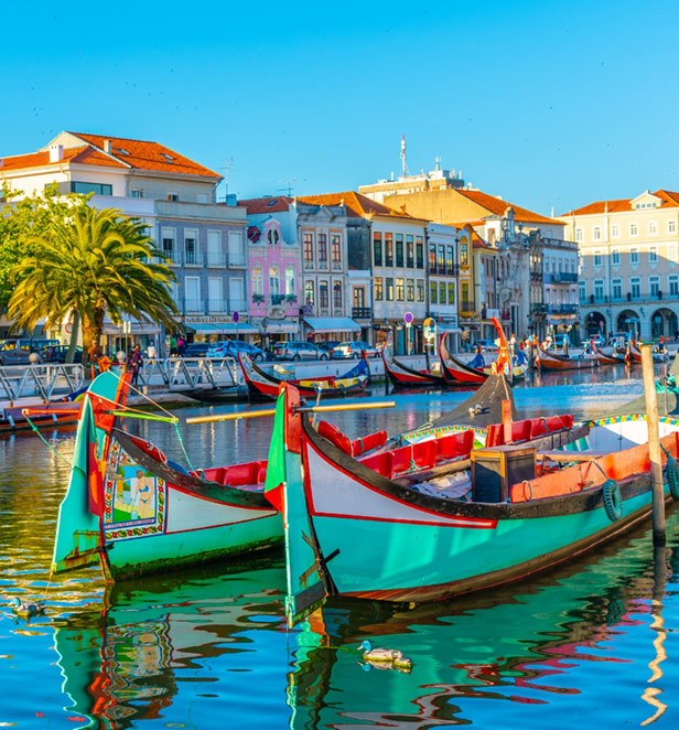Colourful Moliceiro boats docked at Aveiro, Portugal