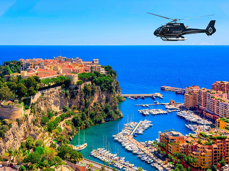 Scenic helicopter flying over Monaco