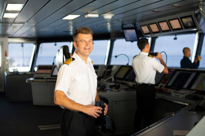 Bridge of Scenic Eclipse Captain and crew on the bridge of Scenic Eclipse monitoring navigation systems.