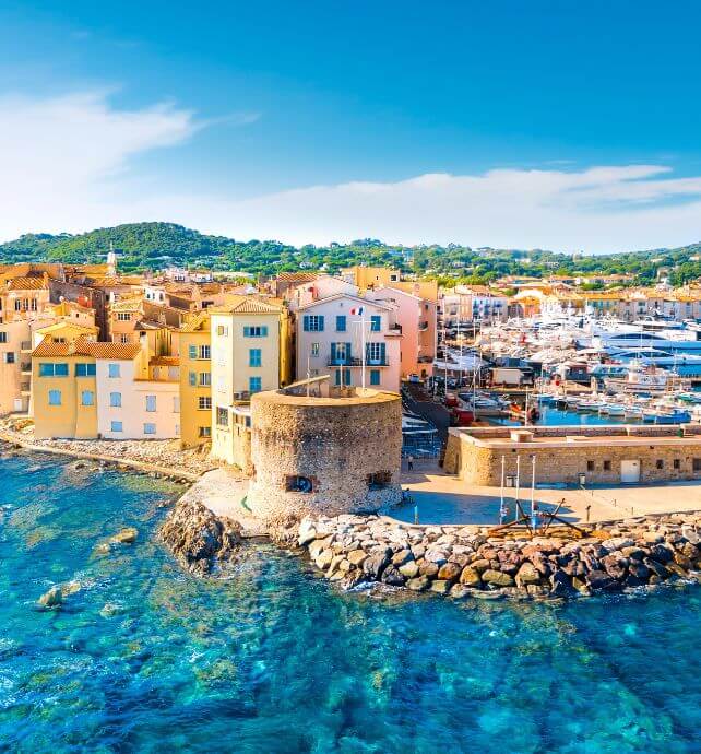 Colorful waterfront buildings and marina in Saint-Tropez, France