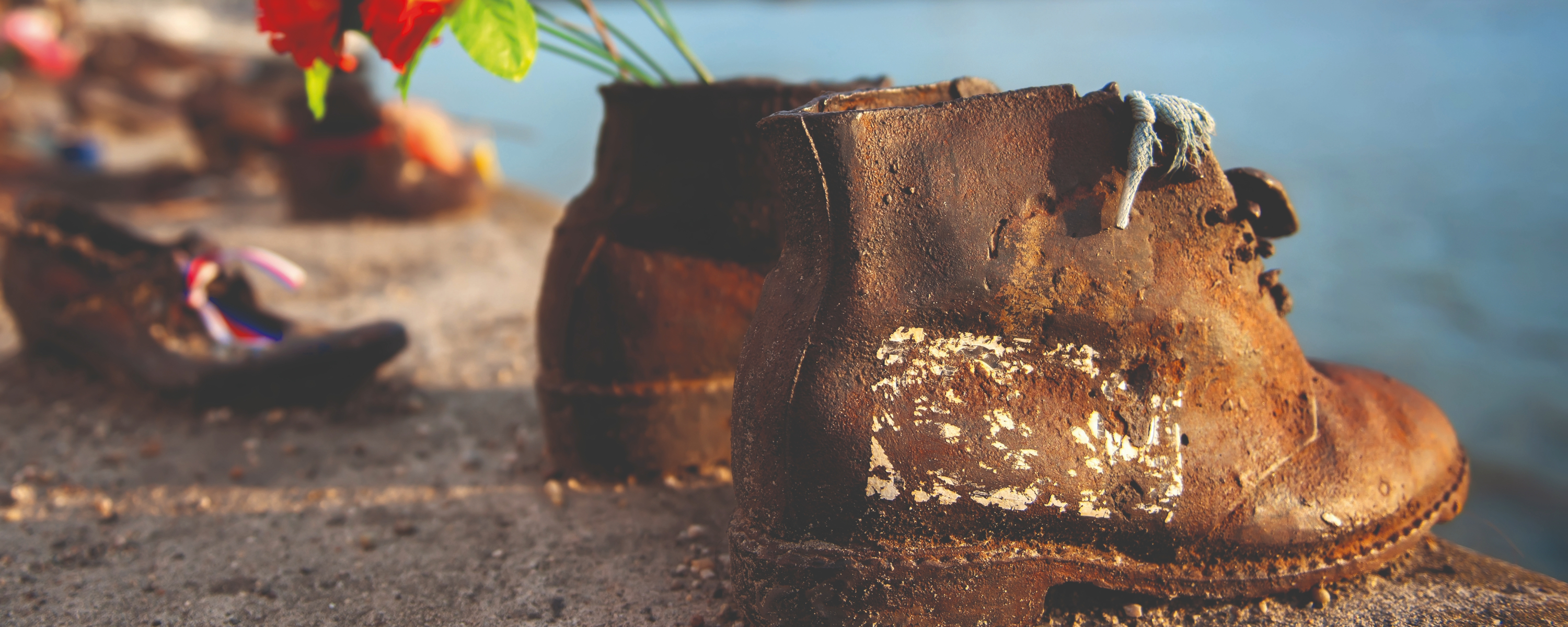 Close up of a pair of metal rusted boots in the shoes on the danube memorial